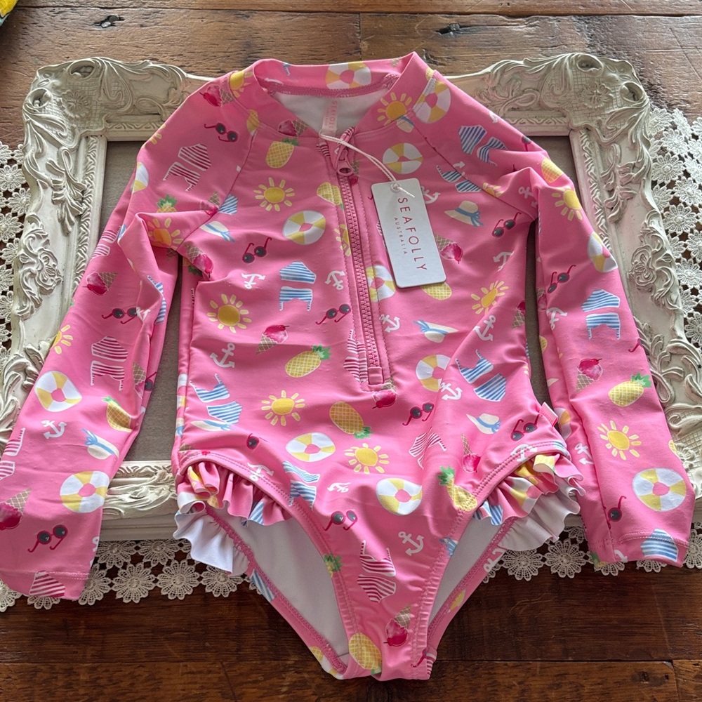 Seafolly Australia  Pink Zip Front Paddlesuit Kids Swim Rash guard. NEW w Tags.